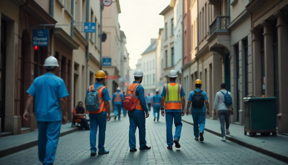 A bustling German city street with diverse groups of Middle Eastern immigrants working in various professions—nurses in hospitals, construction workers on site, tech workers in modern offices—captured in cinematic style, vibrant colors, natural daylight, high detail, 8K resolution, emphasizing integration and productivity in society