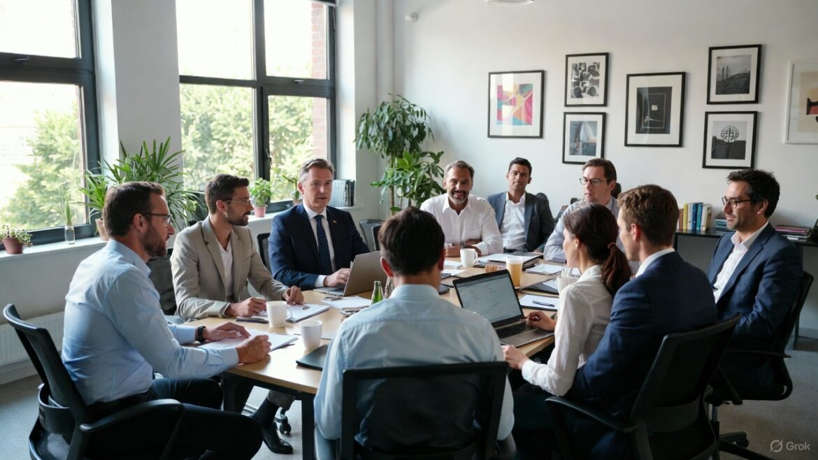 A modern office meeting, where senior employees offer suggestions but are disregarded by a younger management team.